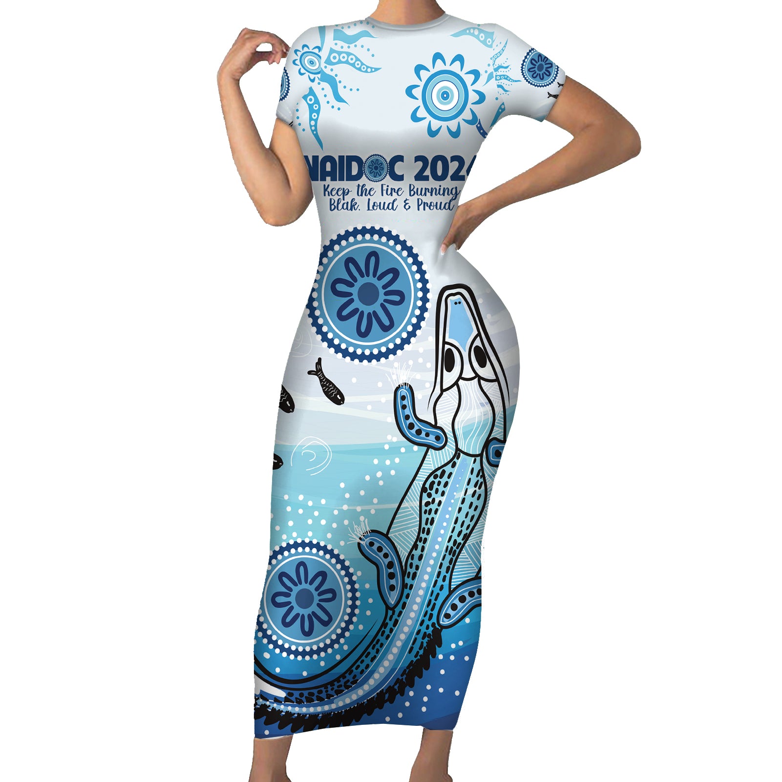 Personalised Keep the Fire Burning NAIDOC 2024 Short Sleeve Bodycon Dress Aboriginal Dot with Crocodile
