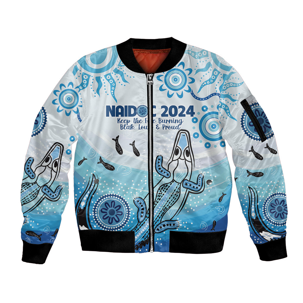 Personalised Keep the Fire Burning NAIDOC 2024 Sleeve Zip Bomber Jacket Aboriginal Dot with Crocodile
