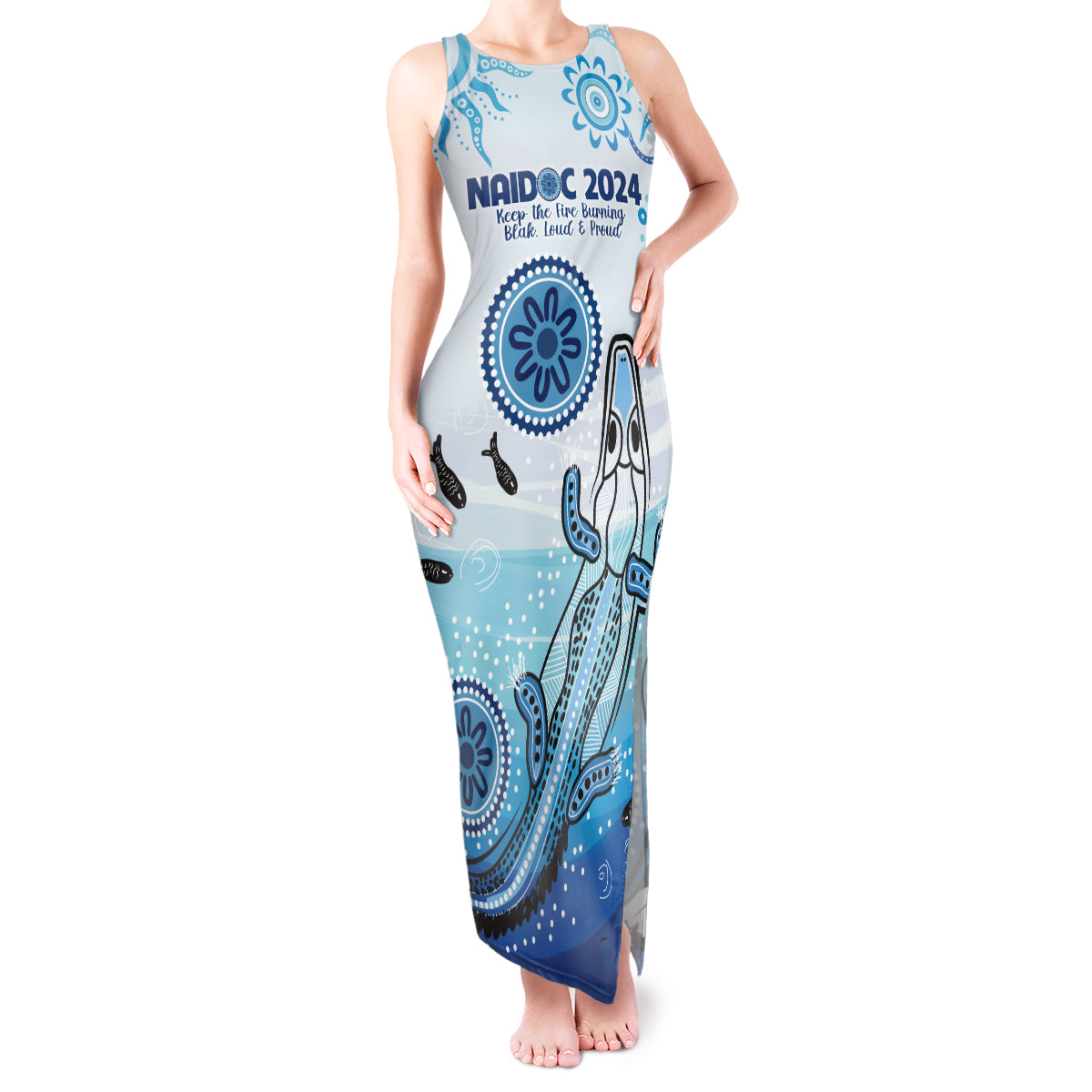 Personalised Keep the Fire Burning NAIDOC 2024 Tank Maxi Dress Aboriginal Dot with Crocodile