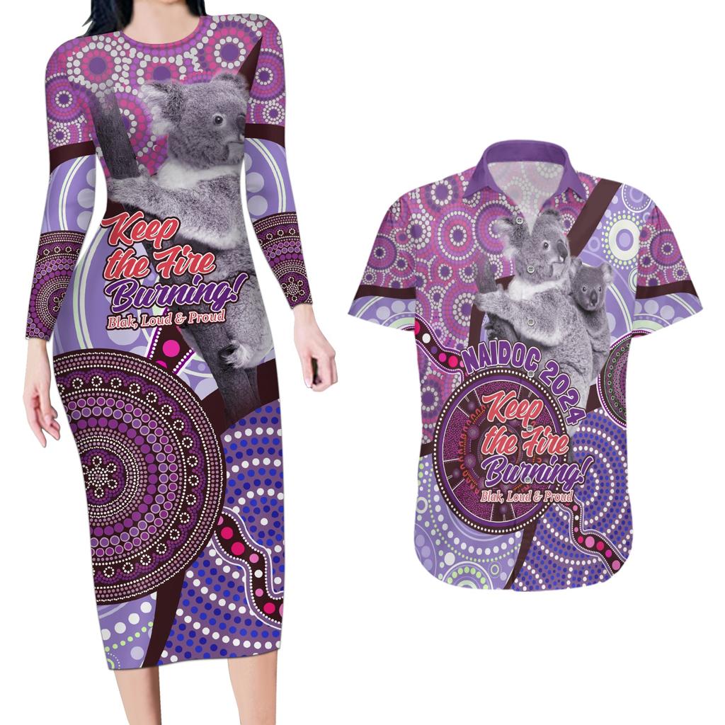 Personalised Australia Koala NAIDOC 2024 Couples Matching Long Sleeve Bodycon Dress and Hawaiian Shirt Keep the Fire Burning