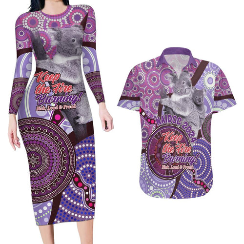 Personalised Australia Koala NAIDOC 2024 Couples Matching Long Sleeve Bodycon Dress and Hawaiian Shirt Keep the Fire Burning