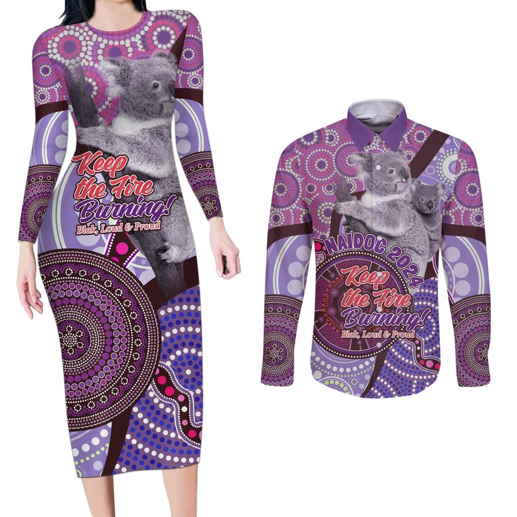 Personalised Australia Koala NAIDOC 2024 Couples Matching Long Sleeve Bodycon Dress and Long Sleeve Button Shirt Keep the Fire Burning