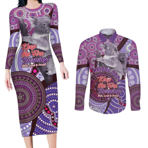 Personalised Australia Koala NAIDOC 2024 Couples Matching Long Sleeve Bodycon Dress and Long Sleeve Button Shirt Keep the Fire Burning