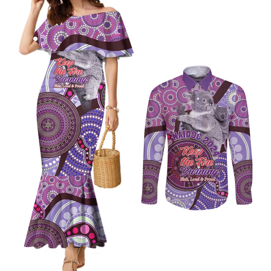 Personalised Australia Koala NAIDOC 2024 Couples Matching Mermaid Dress and Long Sleeve Button Shirt Keep the Fire Burning