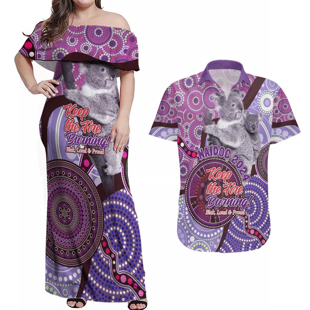 Personalised Australia Koala NAIDOC 2024 Couples Matching Off Shoulder Maxi Dress and Hawaiian Shirt Keep the Fire Burning