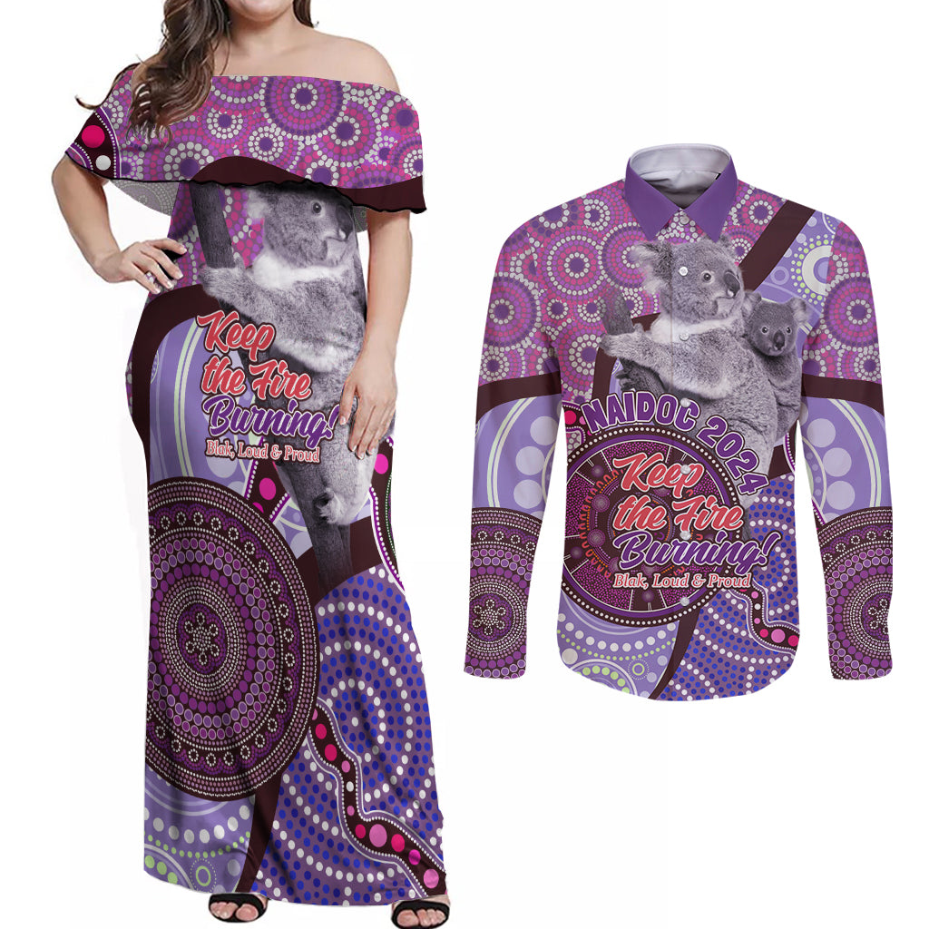Personalised Australia Koala NAIDOC 2024 Couples Matching Off Shoulder Maxi Dress and Long Sleeve Button Shirt Keep the Fire Burning