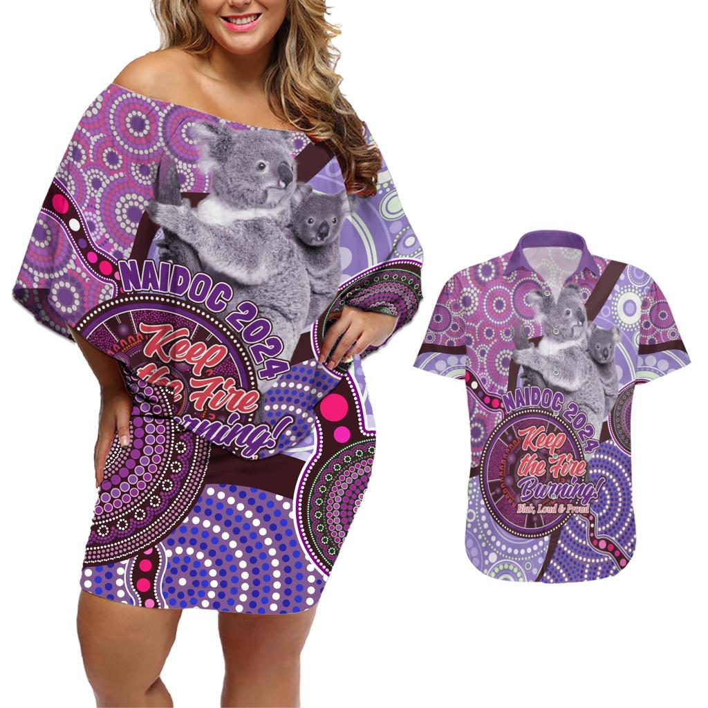 Personalised Australia Koala NAIDOC 2024 Couples Matching Off Shoulder Short Dress and Hawaiian Shirt Keep the Fire Burning