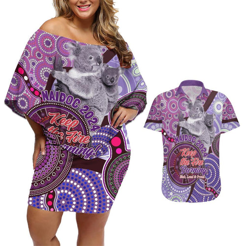 Personalised Australia Koala NAIDOC 2024 Couples Matching Off Shoulder Short Dress and Hawaiian Shirt Keep the Fire Burning