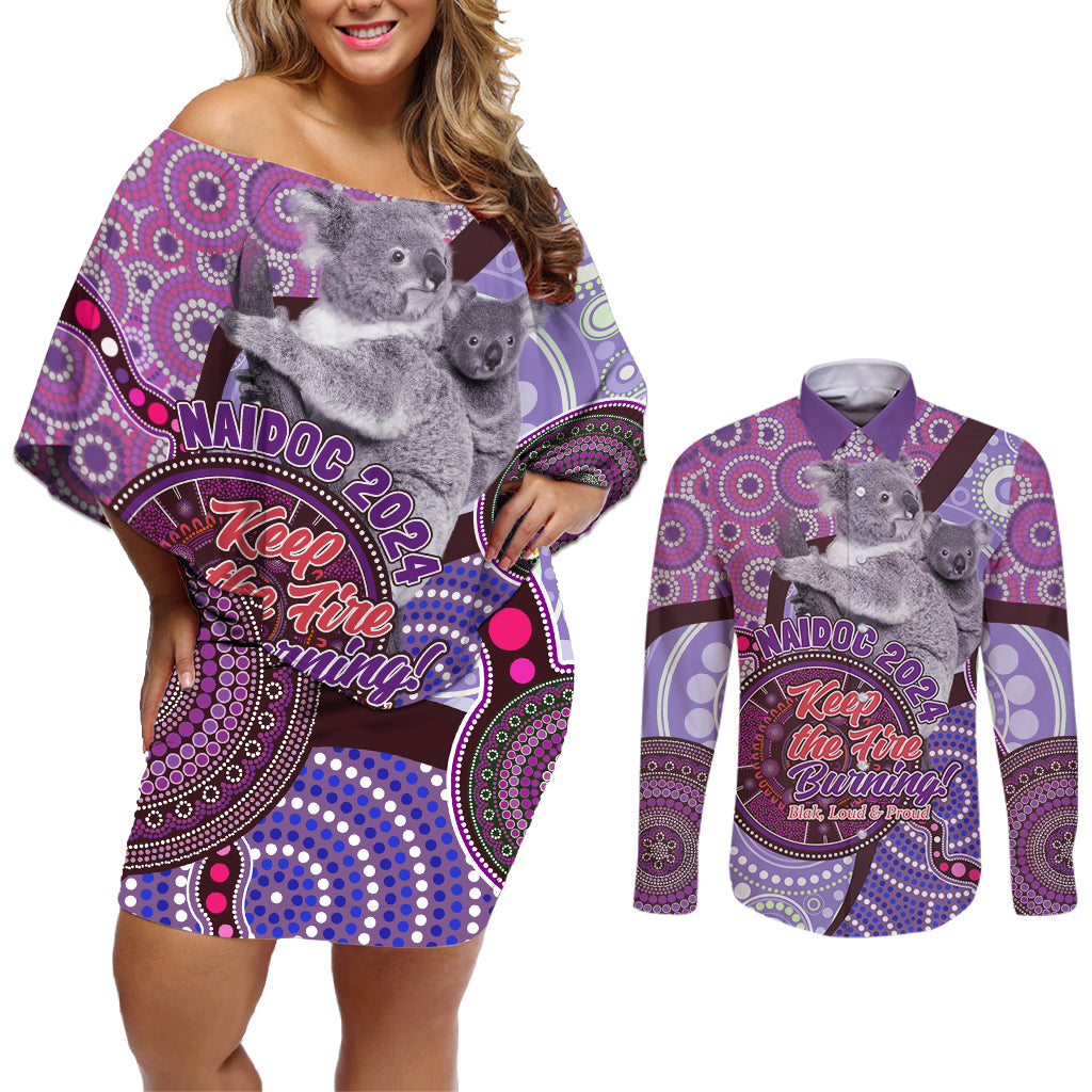 Personalised Australia Koala NAIDOC 2024 Couples Matching Off Shoulder Short Dress and Long Sleeve Button Shirt Keep the Fire Burning