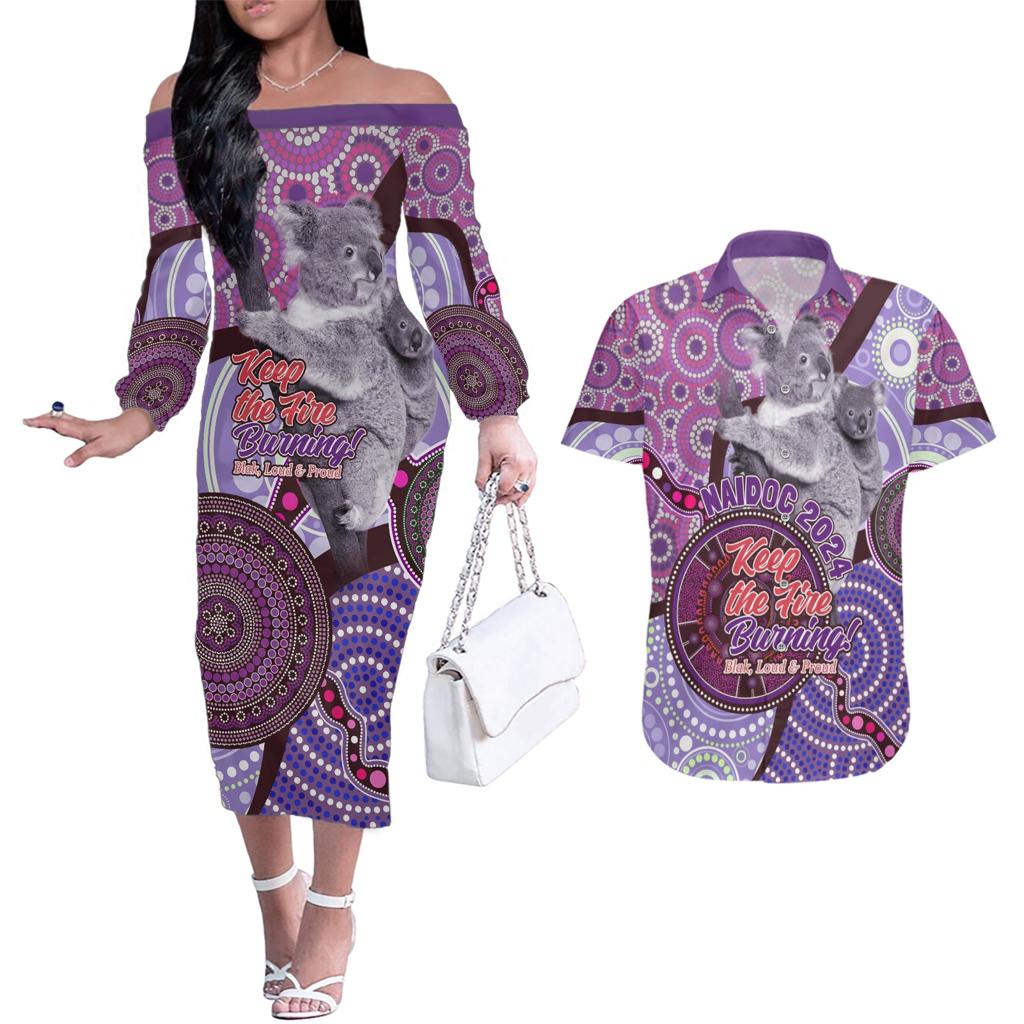 Personalised Australia Koala NAIDOC 2024 Couples Matching Off The Shoulder Long Sleeve Dress and Hawaiian Shirt Keep the Fire Burning