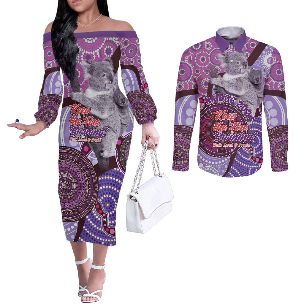 Personalised Australia Koala NAIDOC 2024 Couples Matching Off The Shoulder Long Sleeve Dress and Long Sleeve Button Shirt Keep the Fire Burning