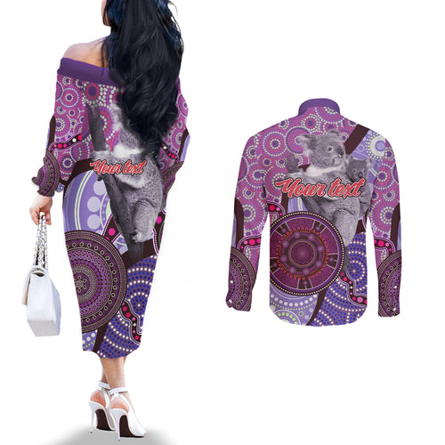 Personalised Australia Koala NAIDOC 2024 Couples Matching Off The Shoulder Long Sleeve Dress and Long Sleeve Button Shirt Keep the Fire Burning