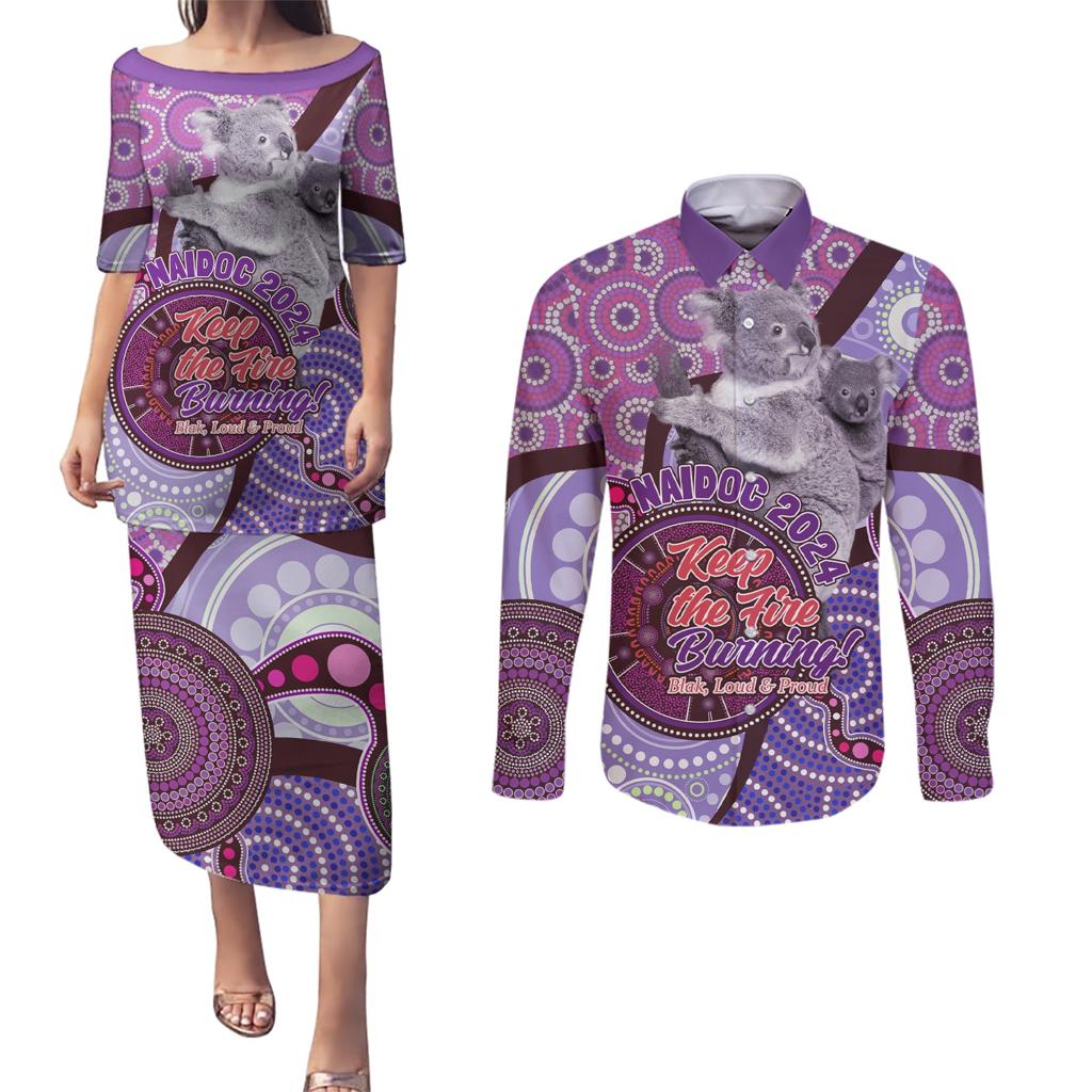 Personalised Australia Koala NAIDOC 2024 Couples Matching Puletasi and Long Sleeve Button Shirt Keep the Fire Burning