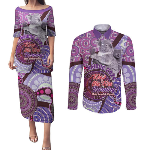 Personalised Australia Koala NAIDOC 2024 Couples Matching Puletasi and Long Sleeve Button Shirt Keep the Fire Burning