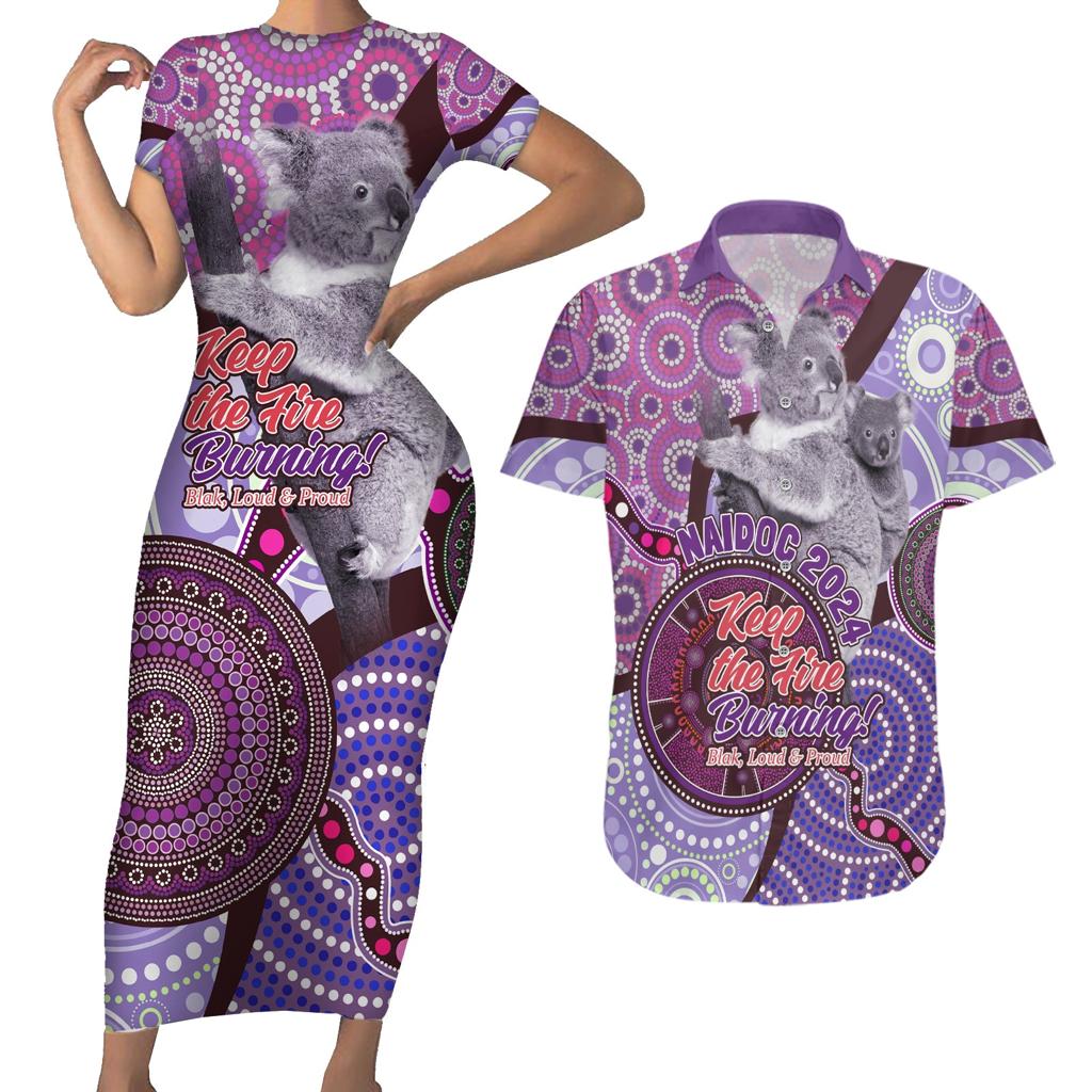 Personalised Australia Koala NAIDOC 2024 Couples Matching Short Sleeve Bodycon Dress and Hawaiian Shirt Keep the Fire Burning