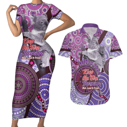 Personalised Australia Koala NAIDOC 2024 Couples Matching Short Sleeve Bodycon Dress and Hawaiian Shirt Keep the Fire Burning
