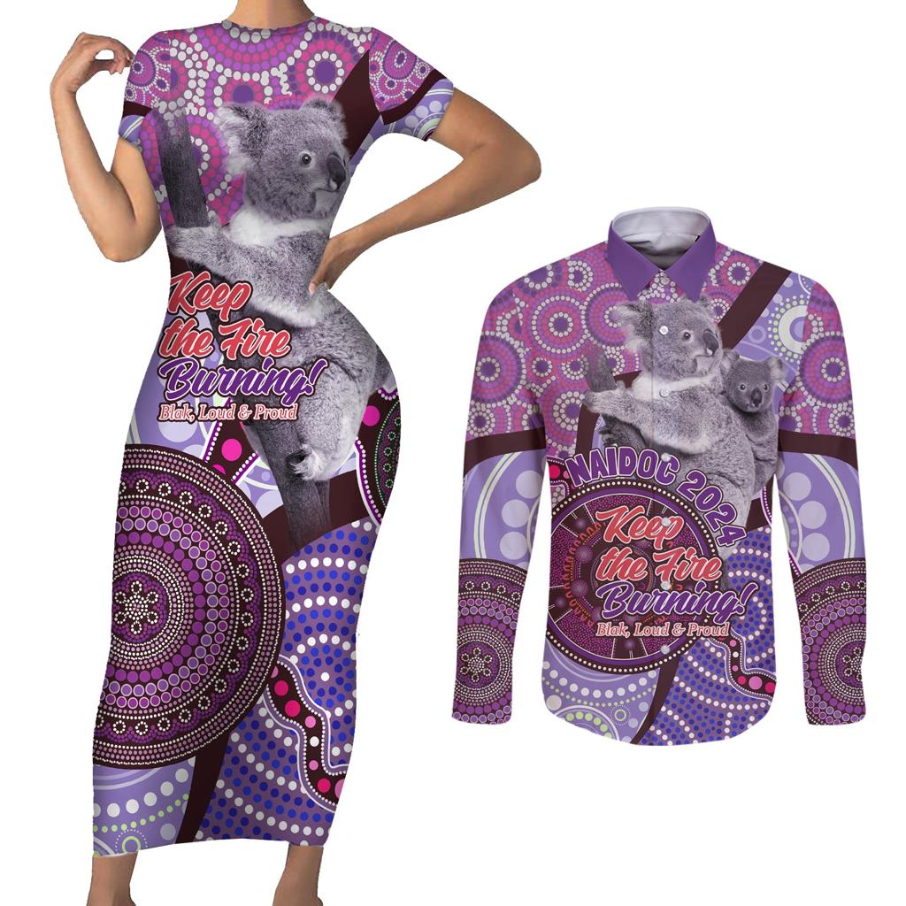 Personalised Australia Koala NAIDOC 2024 Couples Matching Short Sleeve Bodycon Dress and Long Sleeve Button Shirt Keep the Fire Burning