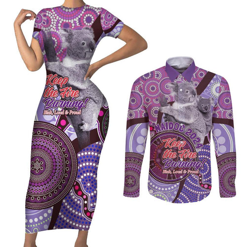 Personalised Australia Koala NAIDOC 2024 Couples Matching Short Sleeve Bodycon Dress and Long Sleeve Button Shirt Keep the Fire Burning