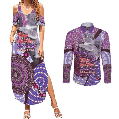 Personalised Australia Koala NAIDOC 2024 Couples Matching Summer Maxi Dress and Long Sleeve Button Shirt Keep the Fire Burning