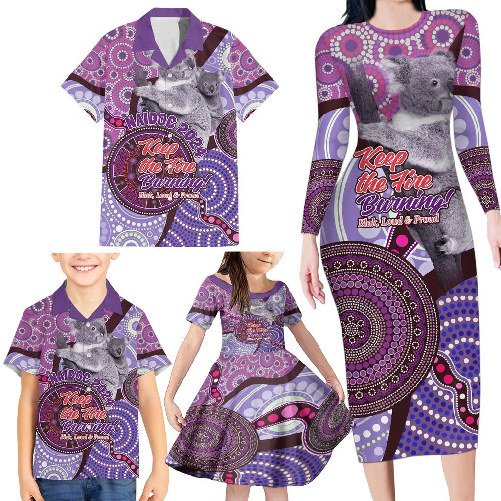Personalised Australia Koala NAIDOC 2024 Family Matching Long Sleeve Bodycon Dress and Hawaiian Shirt Keep the Fire Burning