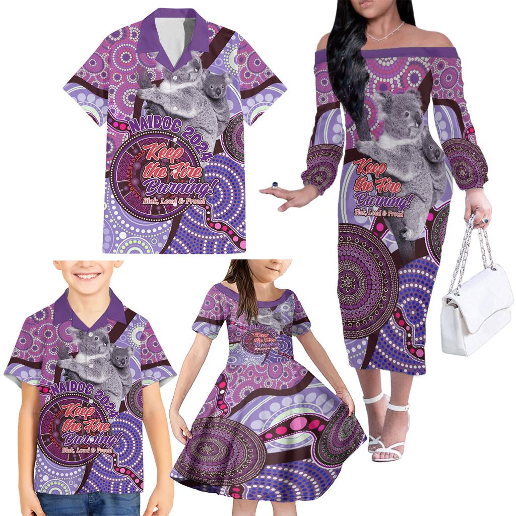 Personalised Australia Koala NAIDOC 2024 Family Matching Off Shoulder Long Sleeve Dress and Hawaiian Shirt Keep the Fire Burning