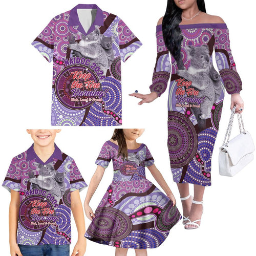 Personalised Australia Koala NAIDOC 2024 Family Matching Off Shoulder Long Sleeve Dress and Hawaiian Shirt Keep the Fire Burning