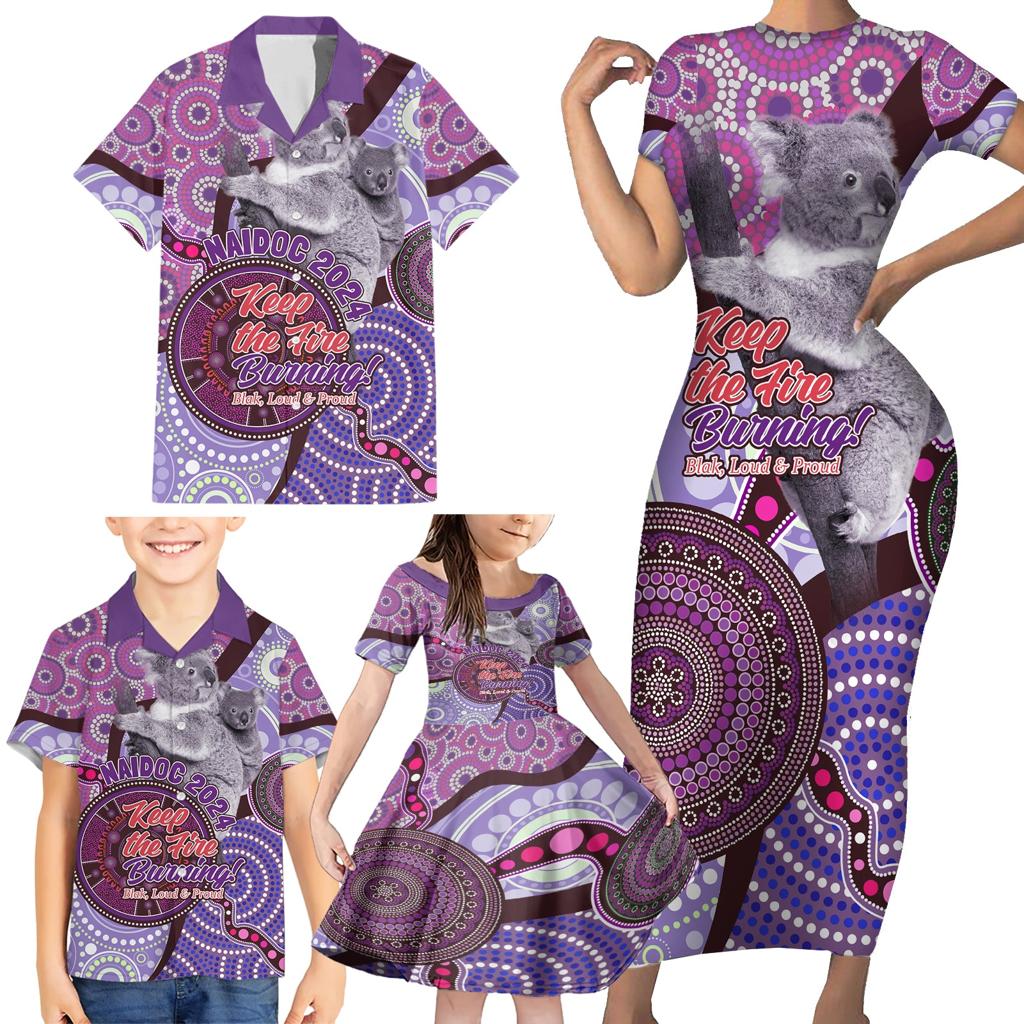 Personalised Australia Koala NAIDOC 2024 Family Matching Short Sleeve Bodycon Dress and Hawaiian Shirt Keep the Fire Burning