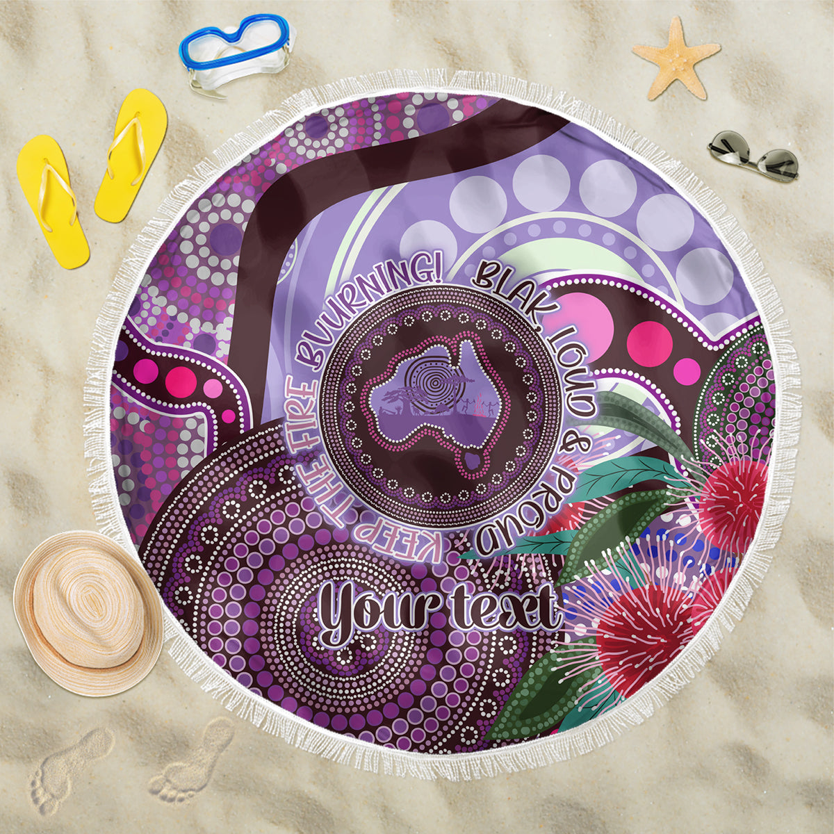 Personalised Australia NAIDOC 2024 Beach Blanket Keep the Fire Burning Hakea Flowers
