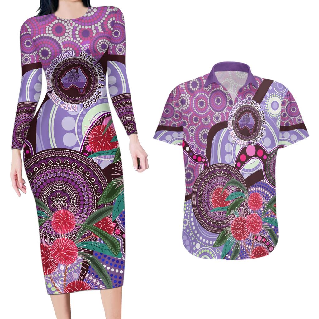 Personalised Australia NAIDOC 2024 Couples Matching Long Sleeve Bodycon Dress and Hawaiian Shirt Keep the Fire Burning Hakea Flowers