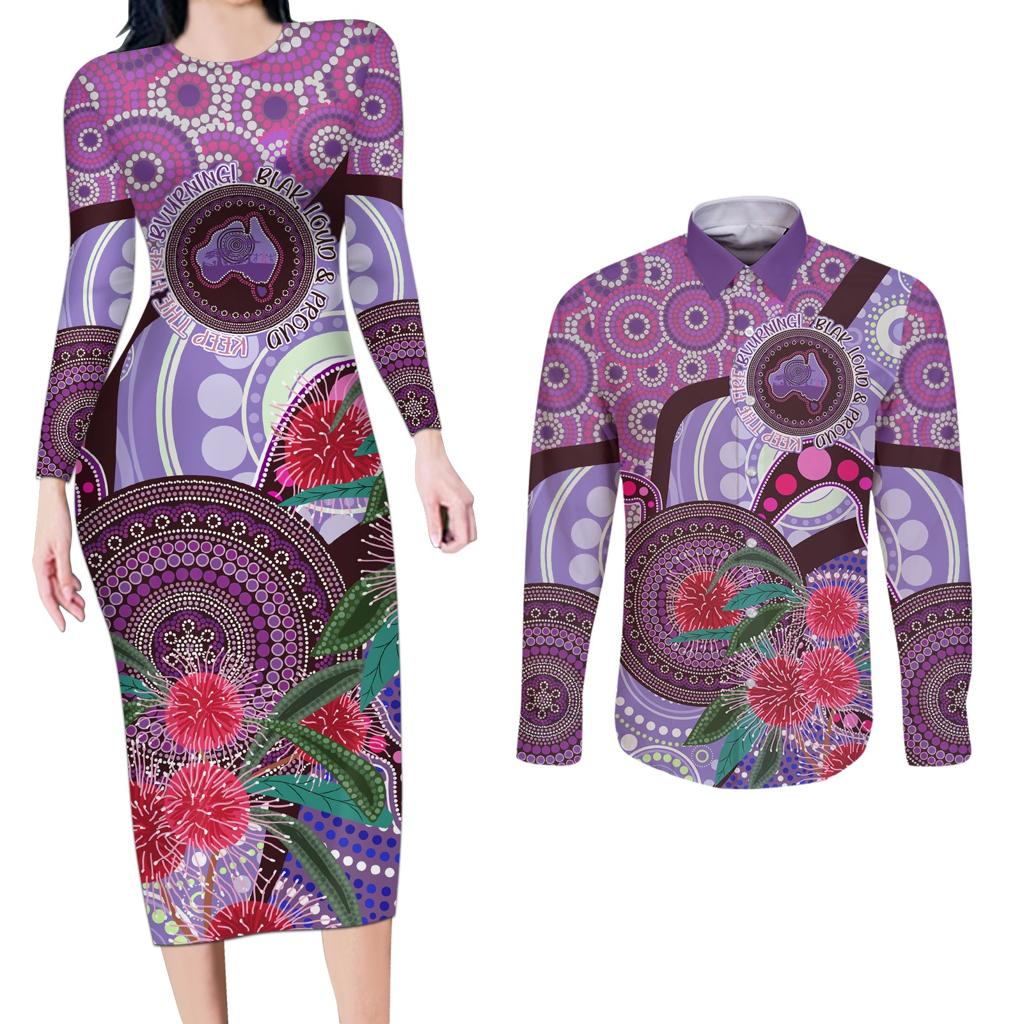Personalised Australia NAIDOC 2024 Couples Matching Long Sleeve Bodycon Dress and Long Sleeve Button Shirt Keep the Fire Burning Hakea Flowers
