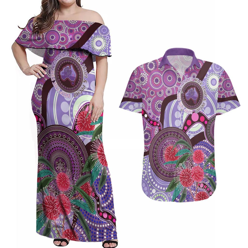 Personalised Australia NAIDOC 2024 Couples Matching Off Shoulder Maxi Dress and Hawaiian Shirt Keep the Fire Burning Hakea Flowers