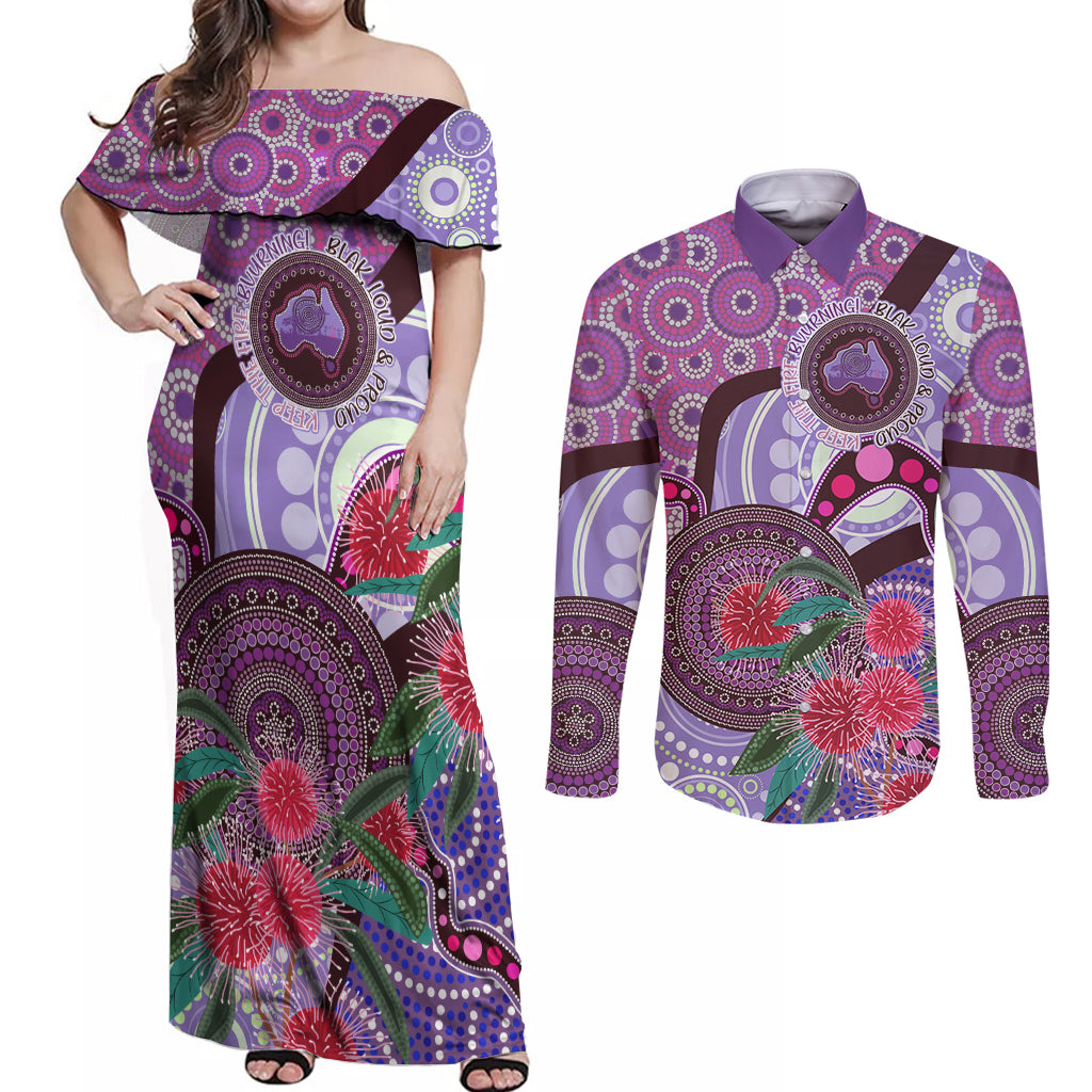 Personalised Australia NAIDOC 2024 Couples Matching Off Shoulder Maxi Dress and Long Sleeve Button Shirt Keep the Fire Burning Hakea Flowers