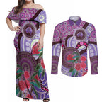 Personalised Australia NAIDOC 2024 Couples Matching Off Shoulder Maxi Dress and Long Sleeve Button Shirt Keep the Fire Burning Hakea Flowers