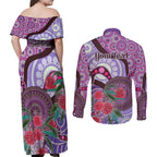 Personalised Australia NAIDOC 2024 Couples Matching Off Shoulder Maxi Dress and Long Sleeve Button Shirt Keep the Fire Burning Hakea Flowers