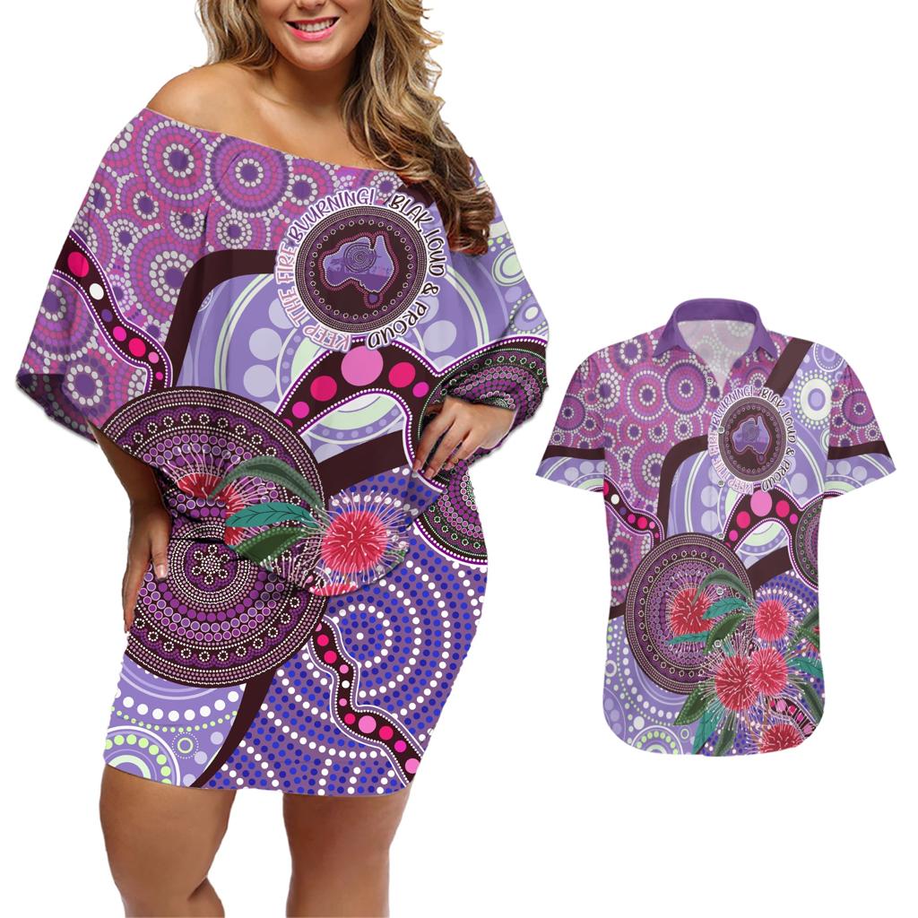 Personalised Australia NAIDOC 2024 Couples Matching Off Shoulder Short Dress and Hawaiian Shirt Keep the Fire Burning Hakea Flowers