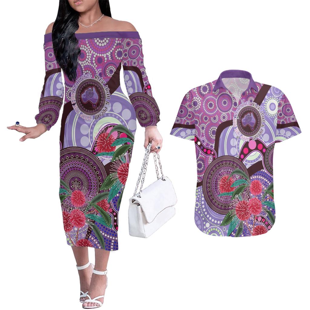 Personalised Australia NAIDOC 2024 Couples Matching Off The Shoulder Long Sleeve Dress and Hawaiian Shirt Keep the Fire Burning Hakea Flowers