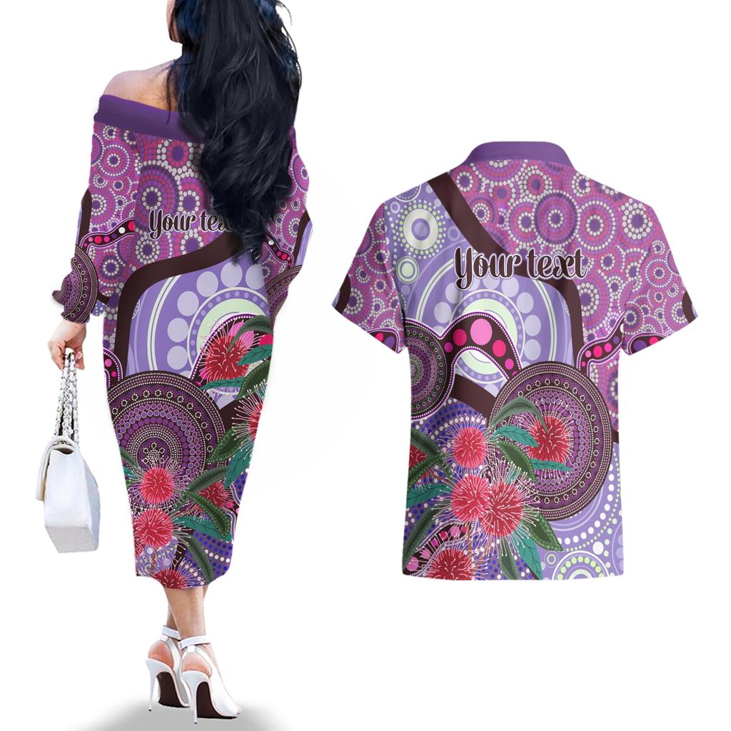 Personalised Australia NAIDOC 2024 Couples Matching Off The Shoulder Long Sleeve Dress and Hawaiian Shirt Keep the Fire Burning Hakea Flowers