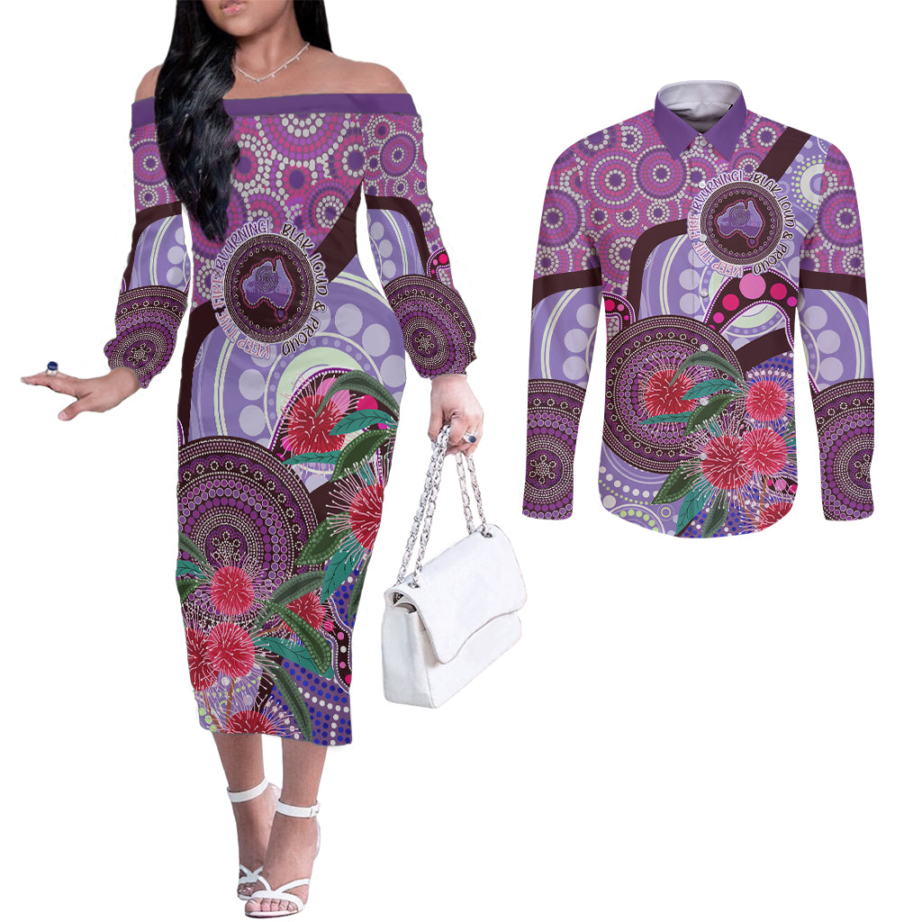 Personalised Australia NAIDOC 2024 Couples Matching Off The Shoulder Long Sleeve Dress and Long Sleeve Button Shirt Keep the Fire Burning Hakea Flowers