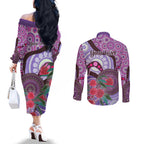 Personalised Australia NAIDOC 2024 Couples Matching Off The Shoulder Long Sleeve Dress and Long Sleeve Button Shirt Keep the Fire Burning Hakea Flowers
