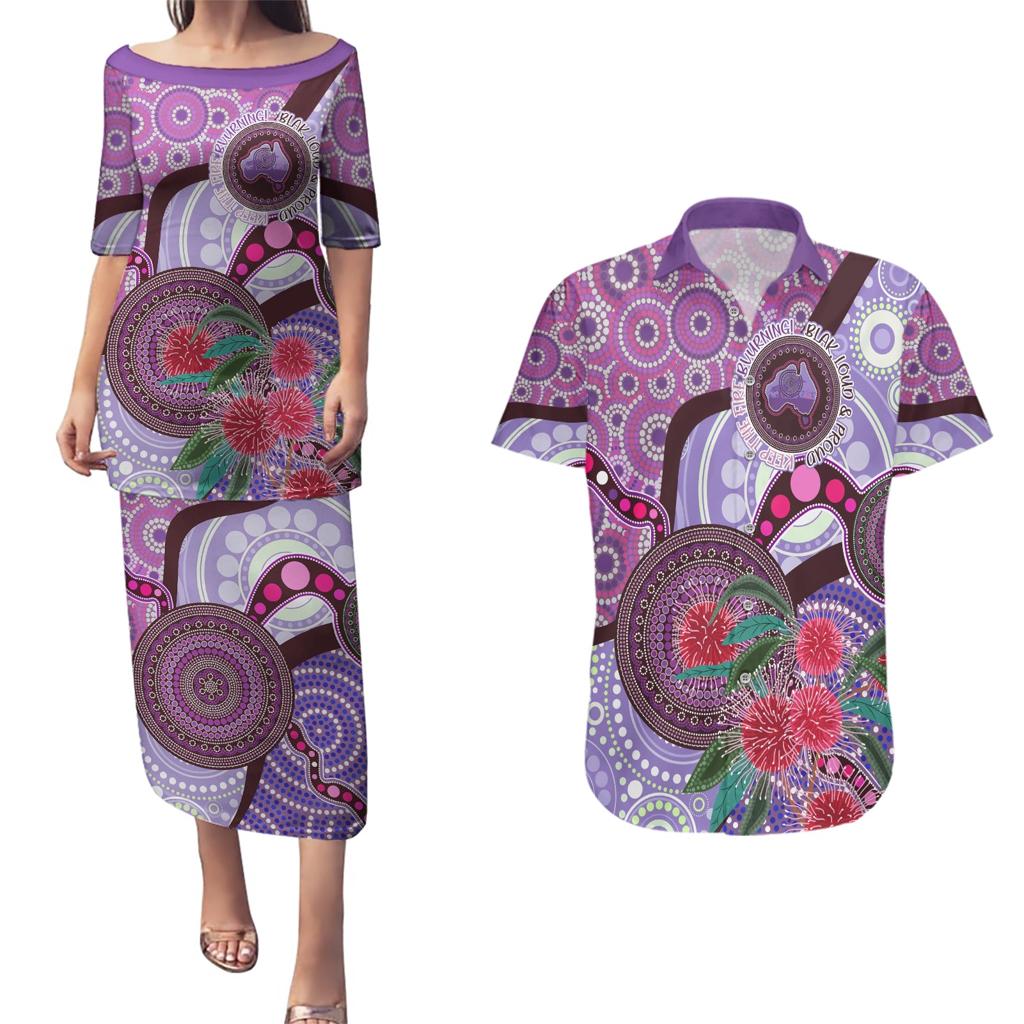 Personalised Australia NAIDOC 2024 Couples Matching Puletasi and Hawaiian Shirt Keep the Fire Burning Hakea Flowers