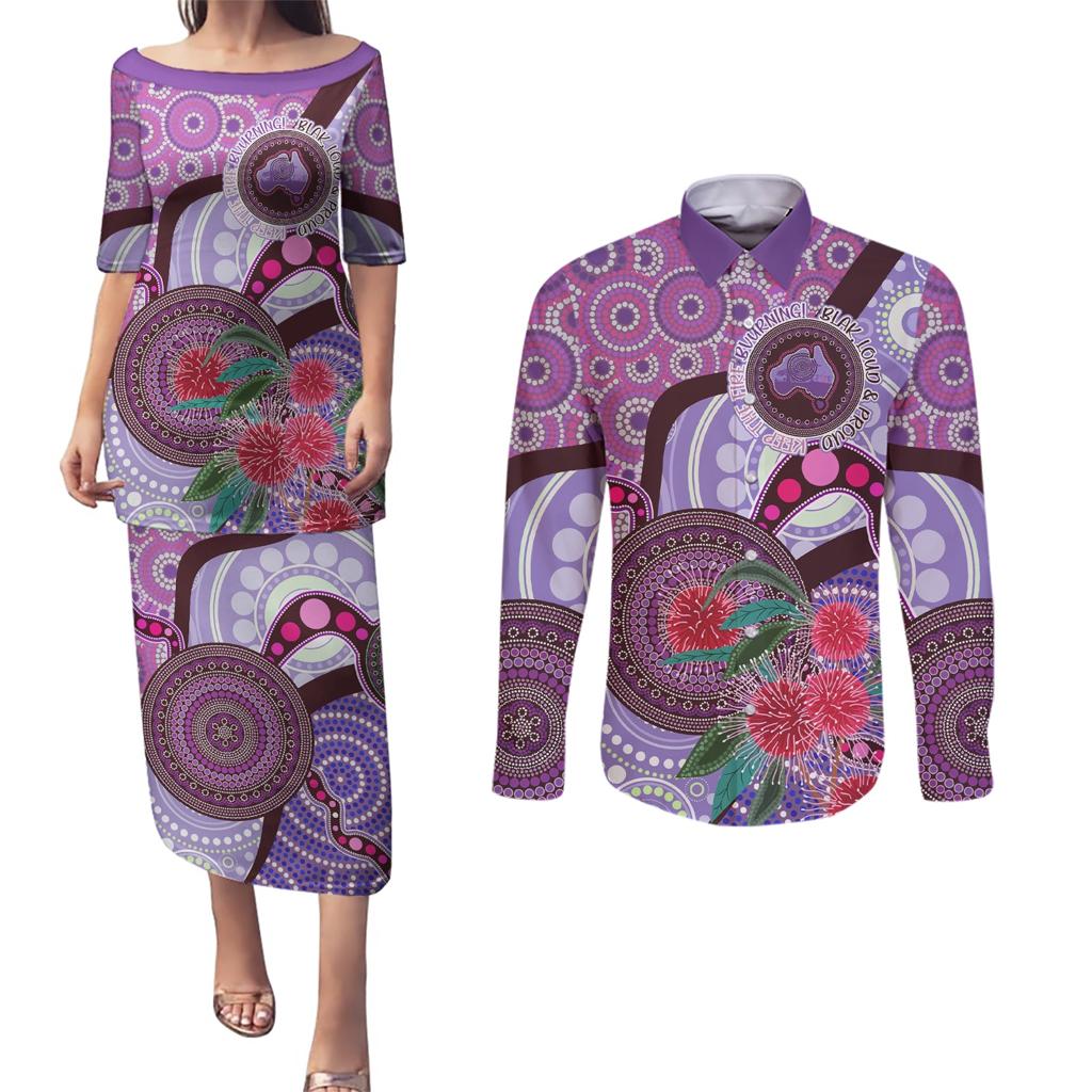Personalised Australia NAIDOC 2024 Couples Matching Puletasi and Long Sleeve Button Shirt Keep the Fire Burning Hakea Flowers