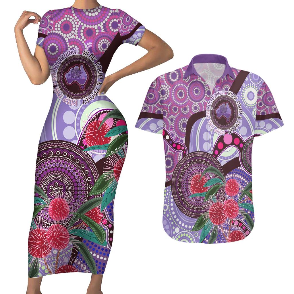 Personalised Australia NAIDOC 2024 Couples Matching Short Sleeve Bodycon Dress and Hawaiian Shirt Keep the Fire Burning Hakea Flowers