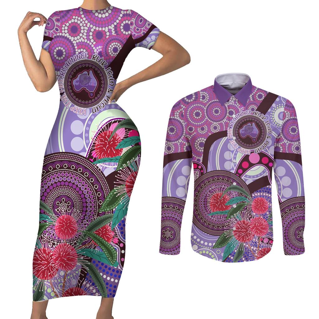 Personalised Australia NAIDOC 2024 Couples Matching Short Sleeve Bodycon Dress and Long Sleeve Button Shirt Keep the Fire Burning Hakea Flowers