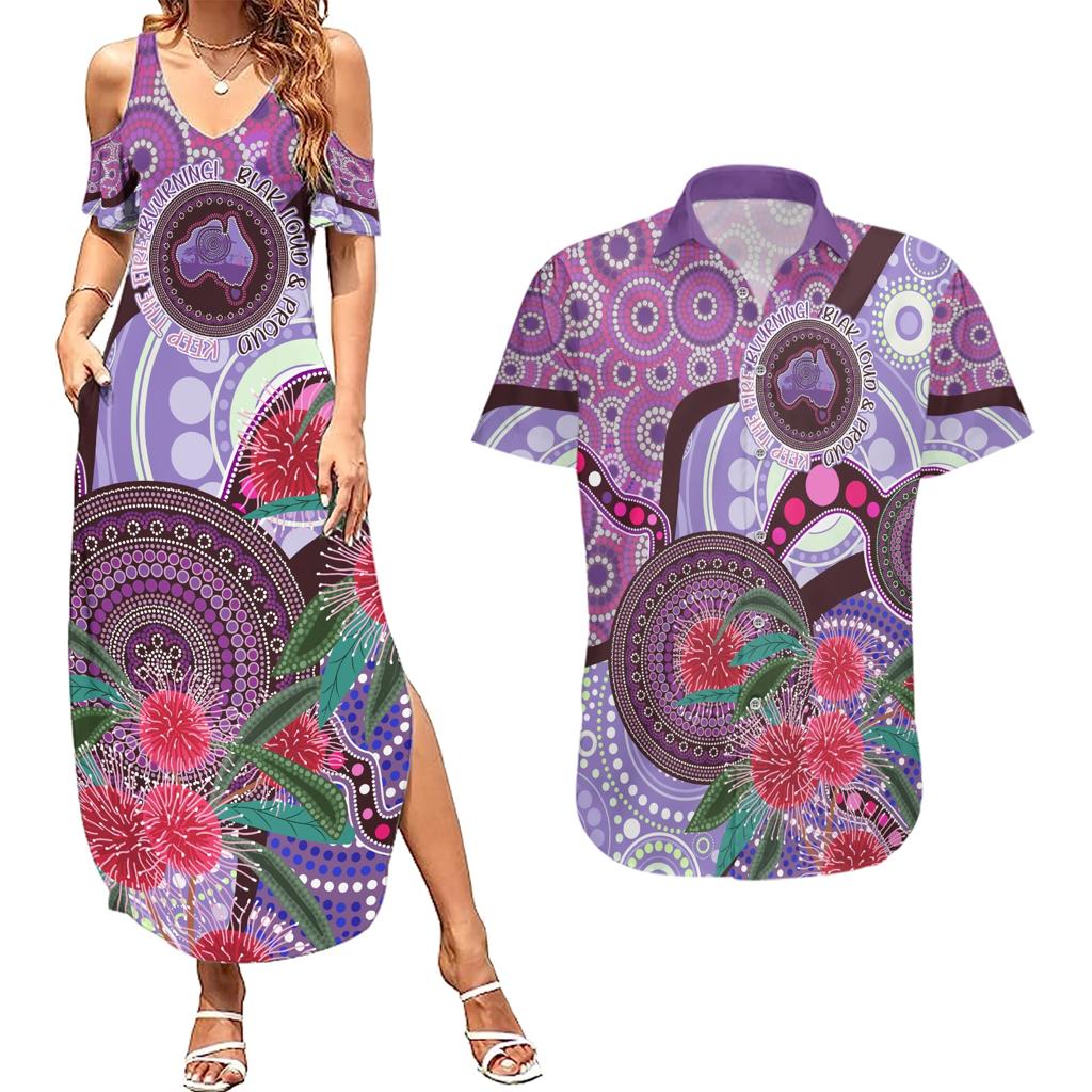 Personalised Australia NAIDOC 2024 Couples Matching Summer Maxi Dress and Hawaiian Shirt Keep the Fire Burning Hakea Flowers