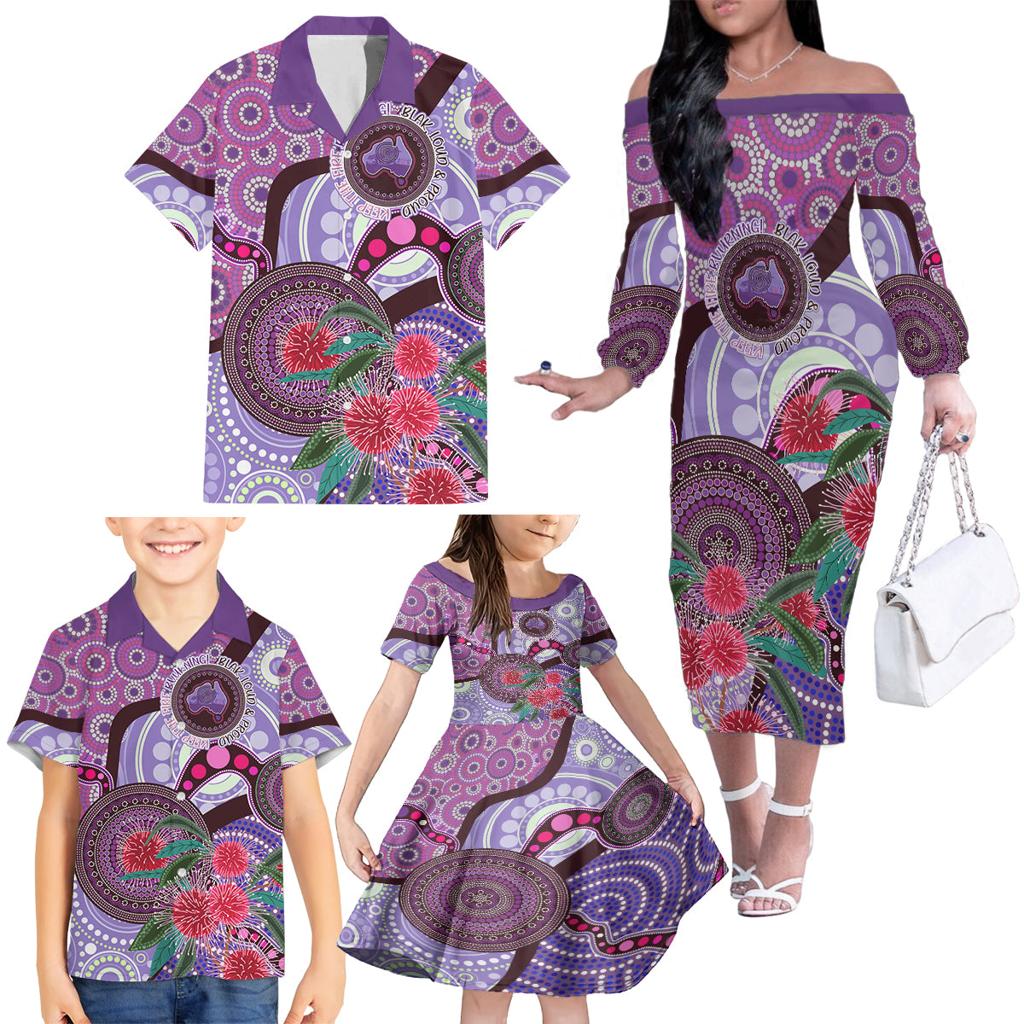 Personalised Australia NAIDOC 2024 Family Matching Off Shoulder Long Sleeve Dress and Hawaiian Shirt Keep the Fire Burning Hakea Flowers