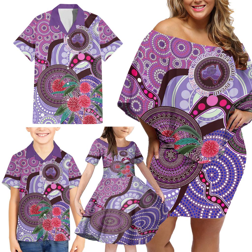 Personalised Australia NAIDOC 2024 Family Matching Off Shoulder Short Dress and Hawaiian Shirt Keep the Fire Burning Hakea Flowers