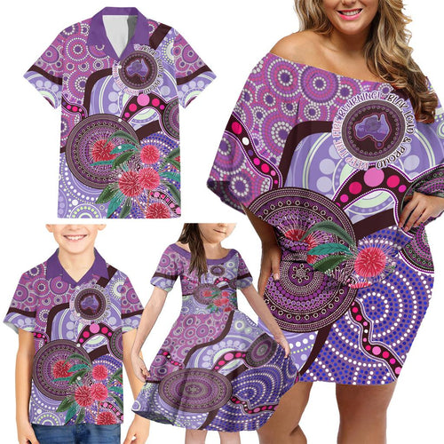 Personalised Australia NAIDOC 2024 Family Matching Off Shoulder Short Dress and Hawaiian Shirt Keep the Fire Burning Hakea Flowers