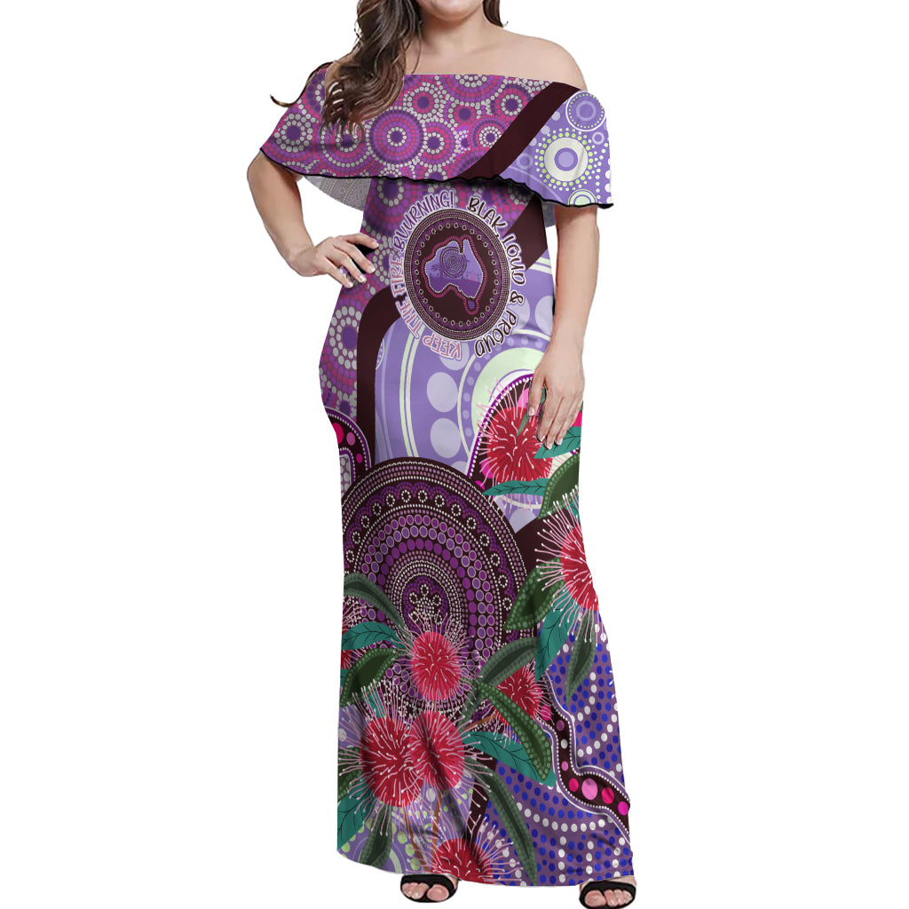 Personalised Australia NAIDOC 2024 Off Shoulder Maxi Dress Keep the Fire Burning Hakea Flowers