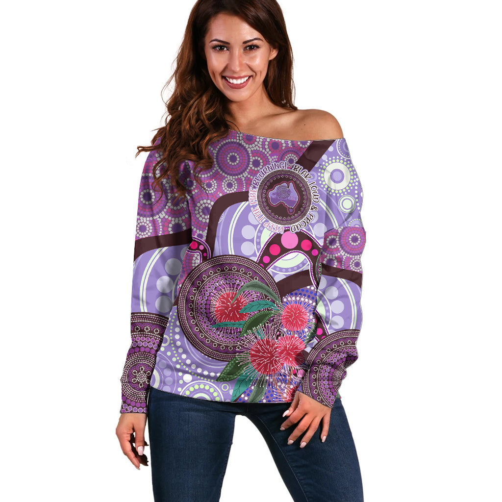 Personalised Australia NAIDOC 2024 Off Shoulder Sweater Keep the Fire Burning Hakea Flowers