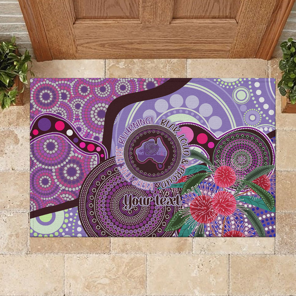 Personalised Australia NAIDOC 2024 Rubber Doormat Keep the Fire Burning Hakea Flowers